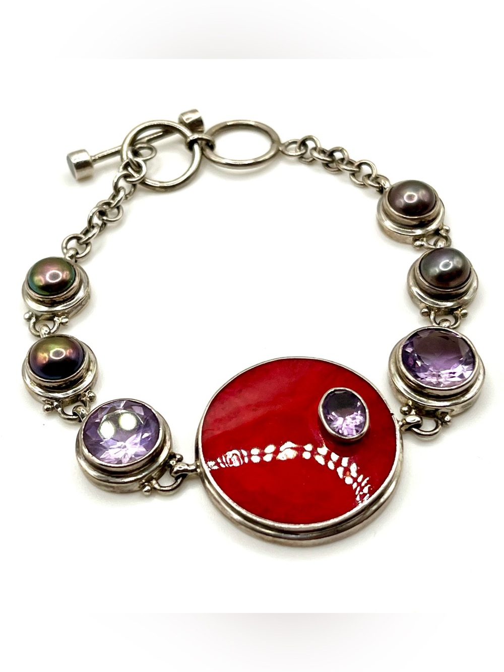 Sterling Silver Red & Purple Gemstone Bracelet with Pearls
